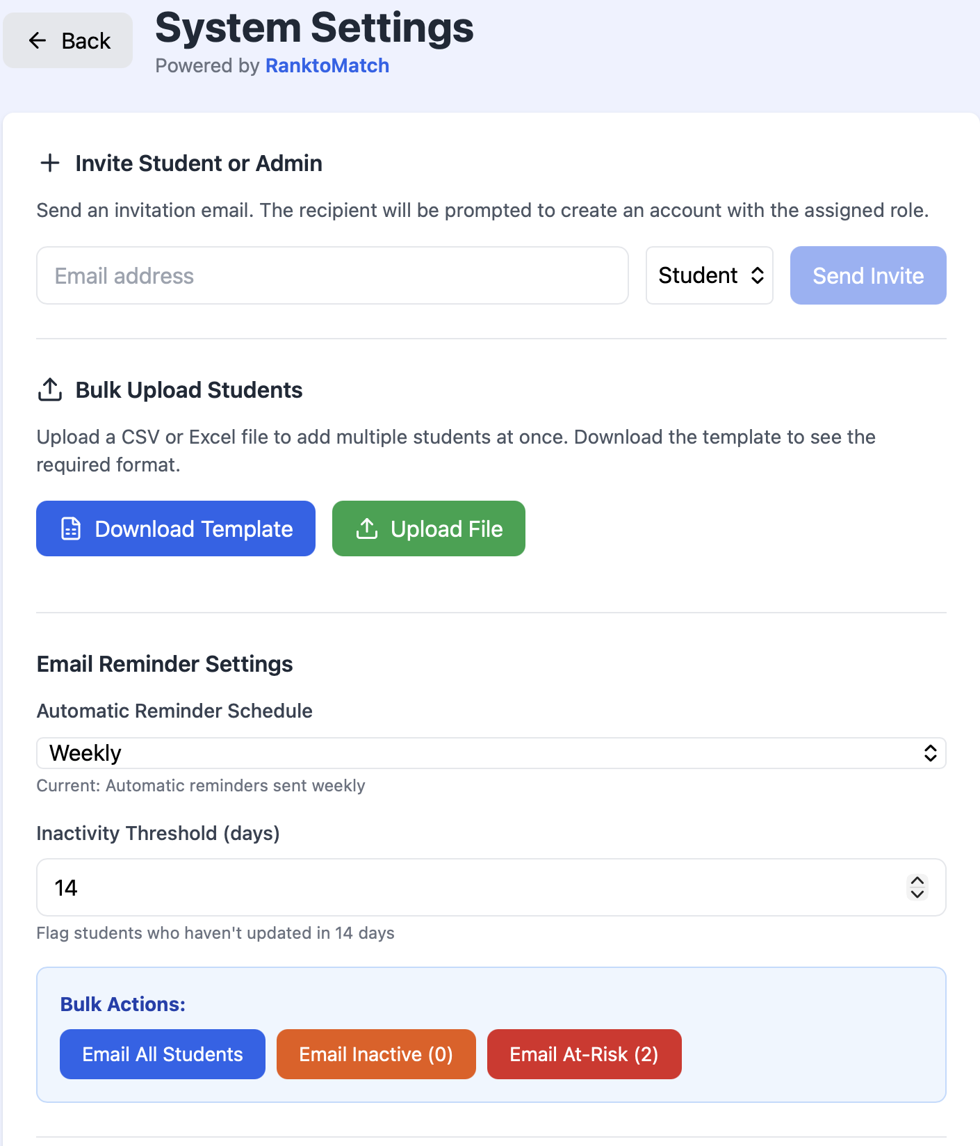 System settings showing student invite, bulk upload, and email reminder configuration