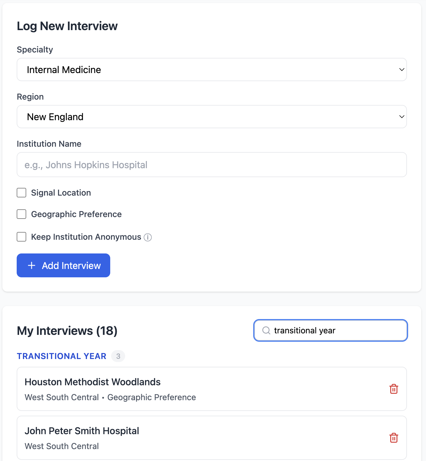 Student interview list filtered by specialty with Signal and geographic preference tags